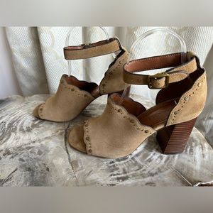 Coach “Marnie” Suede Peep Toe Block Heels